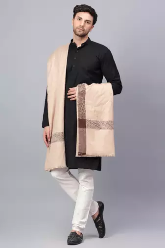 Mens Self Textured Contrast Woven Border Fine Wool Beige Shawl / Lohi