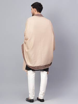 Mens Self Textured Contrast Woven Border Fine Wool Beige Shawl / Lohi 5