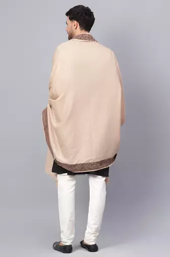 Mens Self Textured Contrast Woven Border Fine Wool Beige Shawl / Lohi