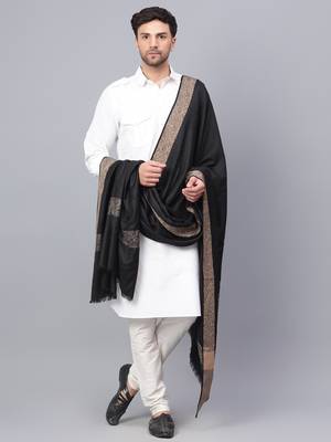 Fine Wool Woven Border Men's Black Shawl 1