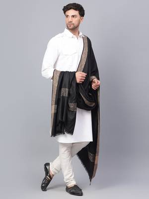 Fine Wool Woven Border Men's Black Shawl 2