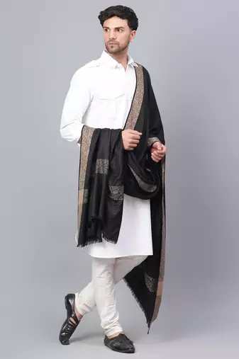 Fine Wool Woven Border Men's Black Shawl