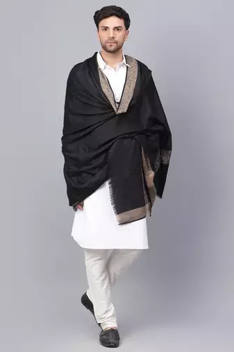 Fine Wool Woven Border Men's Black Shawl