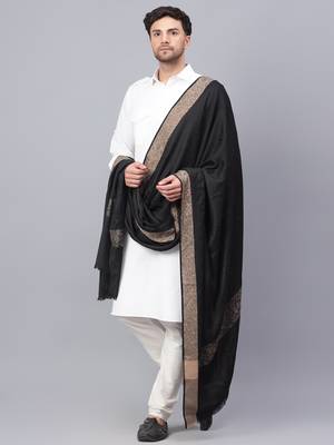 Fine Wool Woven Border Men's Black Shawl 4