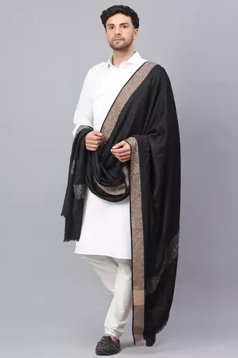 Fine Wool Woven Border Men's Black Shawl