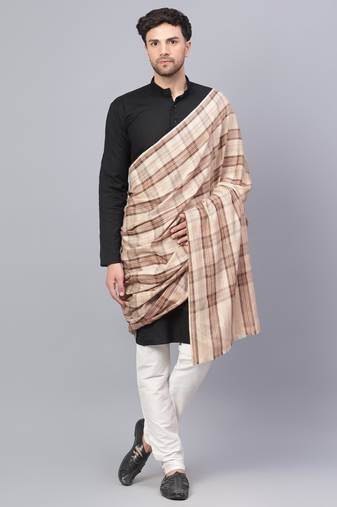 Mens Fine Wool Self Textured Check Lohi / Shawl