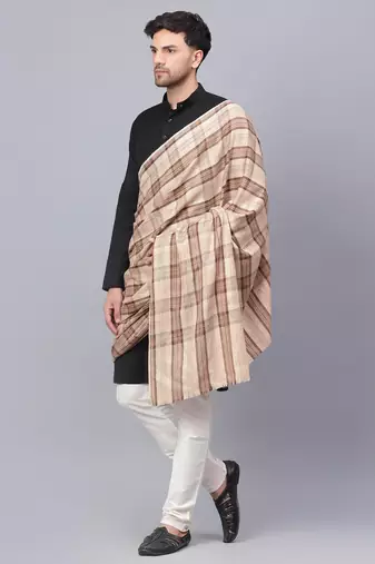 Mens Fine Wool Self Textured Check Lohi / Shawl