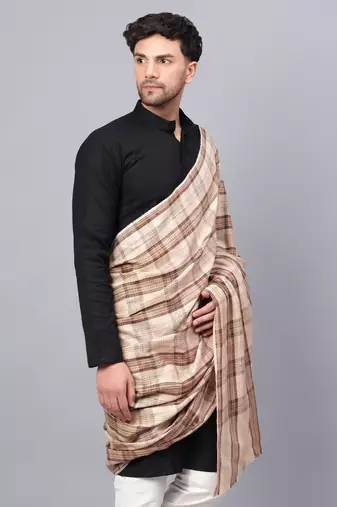 Mens Fine Wool Self Textured Check Lohi / Shawl