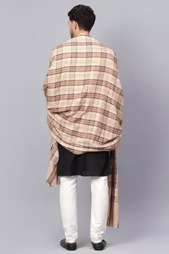 Mens Fine Wool Self Textured Check Lohi / Shawl