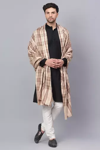 Mens Fine Wool Self Textured Check Lohi / Shawl