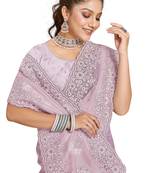 Pink resham embroidered organza saree with blouse