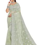 Pista resham embroidered organza saree with blouse