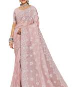 Peach resham embroidered organza saree with blouse