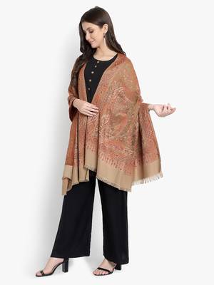 Mizash Women Fine Wool, Beige Designer Paisley Kaani Jaal  Soft Warm Woven Shawl / Wrap 1