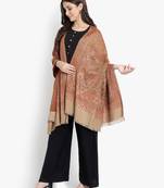 Mizash Women Fine Wool, Beige Designer Paisley Kaani Jaal  Soft Warm Woven Shawl / Wrap