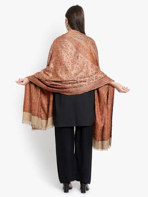 Mizash Women Fine Wool, Beige Designer Paisley Kaani Jaal  Soft Warm Woven Shawl / Wrap 3