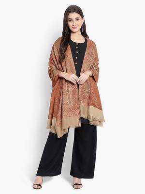 Mizash Women Fine Wool, Beige Designer Paisley Kaani Jaal  Soft Warm Woven Shawl / Wrap 4