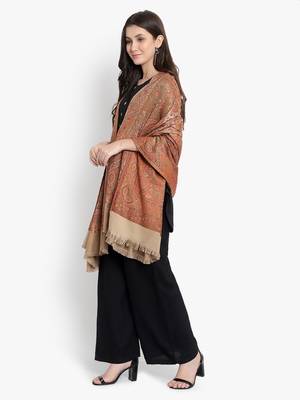 Mizash Women Fine Wool, Beige Designer Paisley Kaani Jaal  Soft Warm Woven Shawl / Wrap 5