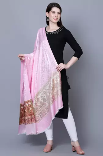 Women Fine Wool Self textured Royal Kashmiri Paisley Border