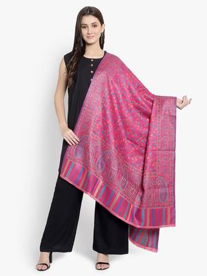 Mizash Women Wool Blend , Pink Jacquard Wovewn Designer Shawl/ Wrap 4