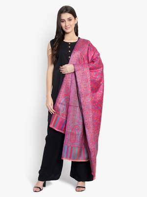 Mizash Women Wool Blend , Pink Jacquard Wovewn Designer Shawl/ Wrap 5