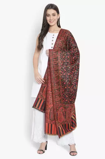 Mizash Women Wool Blend , Black Jacquard Wovewn Designer Shawl/ Wrap