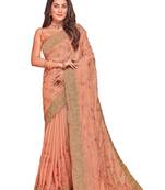 Dusty peach resham embroidered crepe silk saree with blouse