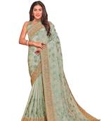 Dusty pista resham embroidered crepe silk saree with blouse
