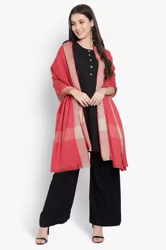 Mizash Women Fine Wool, Pink Textured with Contrast Border Designer Soft Warm Woven Shawl / Wrap