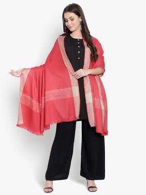 Mizash Women Fine Wool, Pink Textured with Contrast Border Designer Soft Warm Woven Shawl / Wrap 1