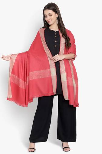 Mizash Women Fine Wool, Pink Textured with Contrast Border Designer Soft Warm Woven Shawl / Wrap