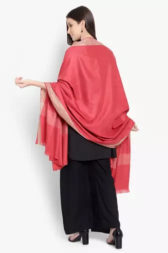 Mizash Women Fine Wool, Pink Textured with Contrast Border Designer Soft Warm Woven Shawl / Wrap