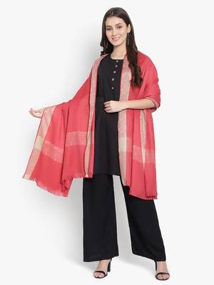 Mizash Women Fine Wool, Pink Textured with Contrast Border Designer Soft Warm Woven Shawl / Wrap 5