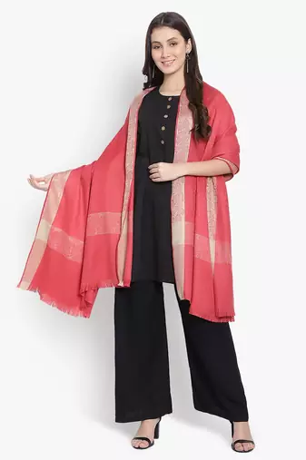 Mizash Women Fine Wool, Pink Textured with Contrast Border Designer Soft Warm Woven Shawl / Wrap
