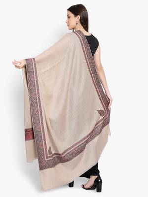 Mizash Women Fine Wool, Beige with Designer Border Kunj Soft Warm Woven Shawl / Wrap 3