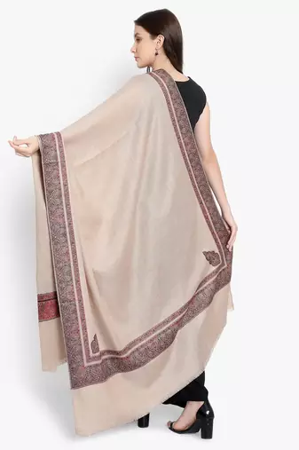 Mizash Women Fine Wool, Beige with Designer Border Kunj Soft Warm Woven Shawl / Wrap