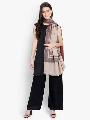 Mizash Women Fine Wool, Beige with Designer Border Kunj Soft Warm Woven Shawl / Wrap 1