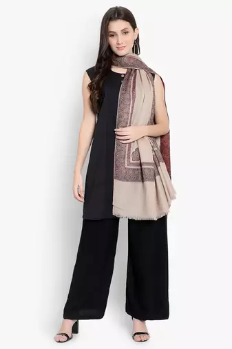 Mizash Women Fine Wool, Beige with Designer Border Kunj Soft Warm Woven Shawl / Wrap