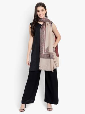 Mizash Women Fine Wool, Beige with Designer Border Kunj Soft Warm Woven Shawl / Wrap 4