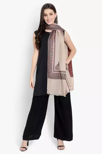 Mizash Women Fine Wool, Beige with Designer Border Kunj Soft Warm Woven Shawl / Wrap