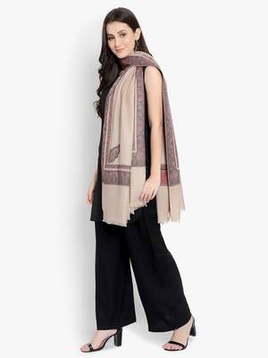 Mizash Women Fine Wool, Beige with Designer Border Kunj Soft Warm Woven Shawl / Wrap 5