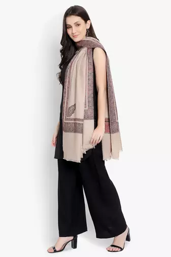 Mizash Women Fine Wool, Beige with Designer Border Kunj Soft Warm Woven Shawl / Wrap