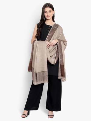 Mizash Women Fine Wool, Beige Stripes Pattern ,Designer Soft Warm Woven Shawl / Wrap 3