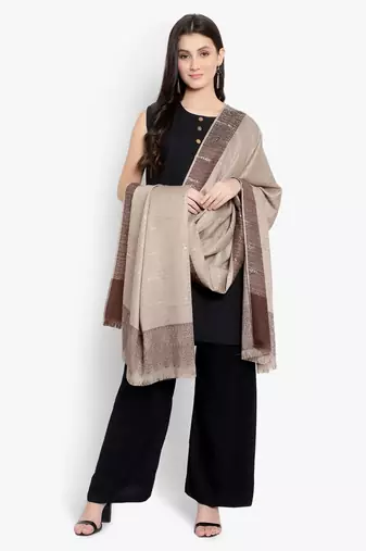 Mizash Women Fine Wool, Beige Stripes Pattern ,Designer Soft Warm Woven Shawl / Wrap