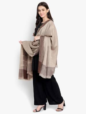 Mizash Women Fine Wool, Beige Stripes Pattern ,Designer Soft Warm Woven Shawl / Wrap 1