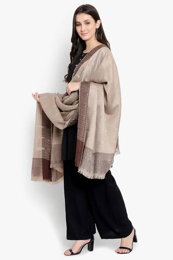 Mizash Women Fine Wool, Beige Stripes Pattern ,Designer Soft Warm Woven Shawl / Wrap