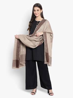 Mizash Women Fine Wool, Beige Stripes Pattern ,Designer Soft Warm Woven Shawl / Wrap 5