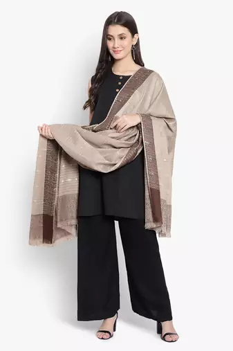 Mizash Women Fine Wool, Beige Stripes Pattern ,Designer Soft Warm Woven Shawl / Wrap