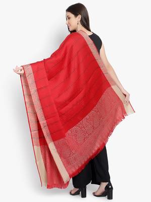 Mizash Women Fine Wool, Red Stripes with Border Designer Soft Warm Woven Shawl / Wrap 2