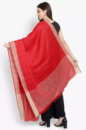 Mizash Women Fine Wool, Red Stripes with Border Designer Soft Warm Woven Shawl / Wrap